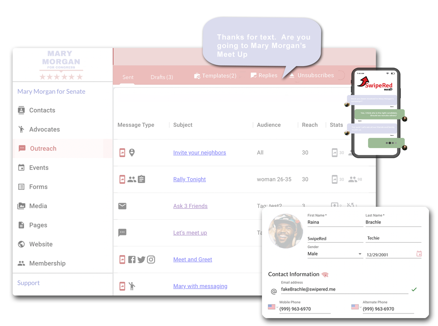 political Campaign Platform, Data driven, SMS text, MMS text, Voter CRM, Events, websites, GOTV Ballot Chase